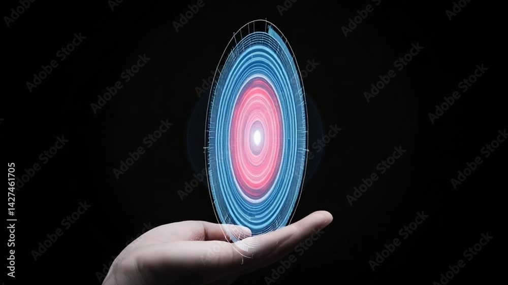 Red futuristic circle pattern glowing in hand against a black background representing technology and digital concepts