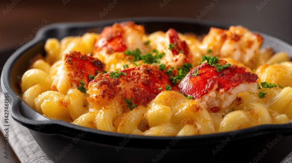 Delicious cheesy baked macaroni and cheese with crispy breaded chicken pieces garnished with fresh herbs served in a black cast iron skillet on a rustic plate Delicious cheesy baked macaroni and cheese with crispy breaded chicken pieces garnished with fresh herbs served in a black cast iron skillet on a rustic plate
