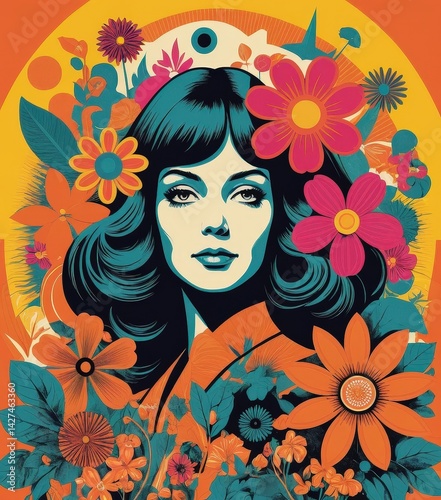 A young woman with long, flowing hair adorned with vibrant, colorful flowers, smiling softly against a blurred natural background, radiating joy and beauty.