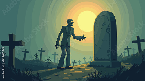Animated skeleton reaching for a gravestone at sunset  