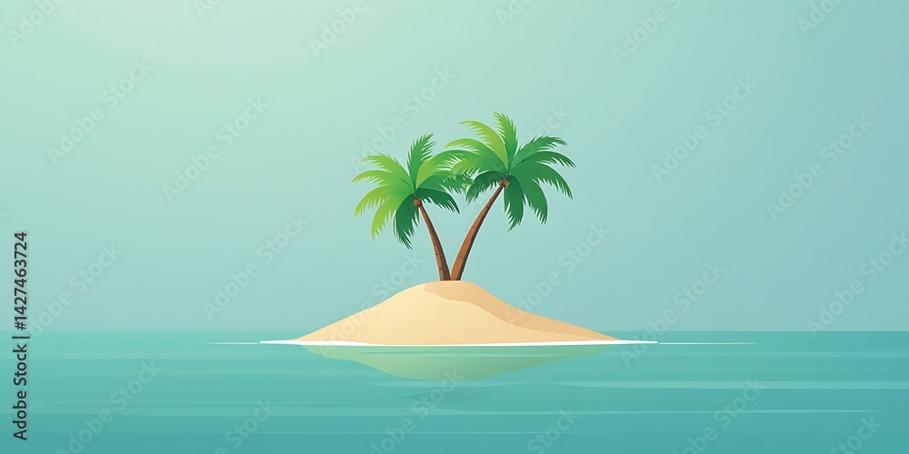 Obraz premium Serene tropical island artwork featuring palm trees and peaceful sea, designed in a minimal vector style ideal for travel, beach escape, and paradise concepts