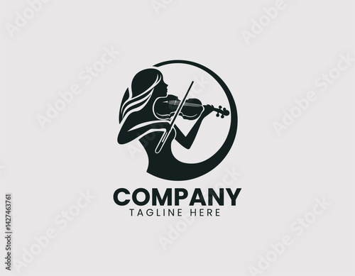 Passionate Woman Playing Violin Illustration Vector Logo Design, Enthusiastic Woman Violin Player Logo
