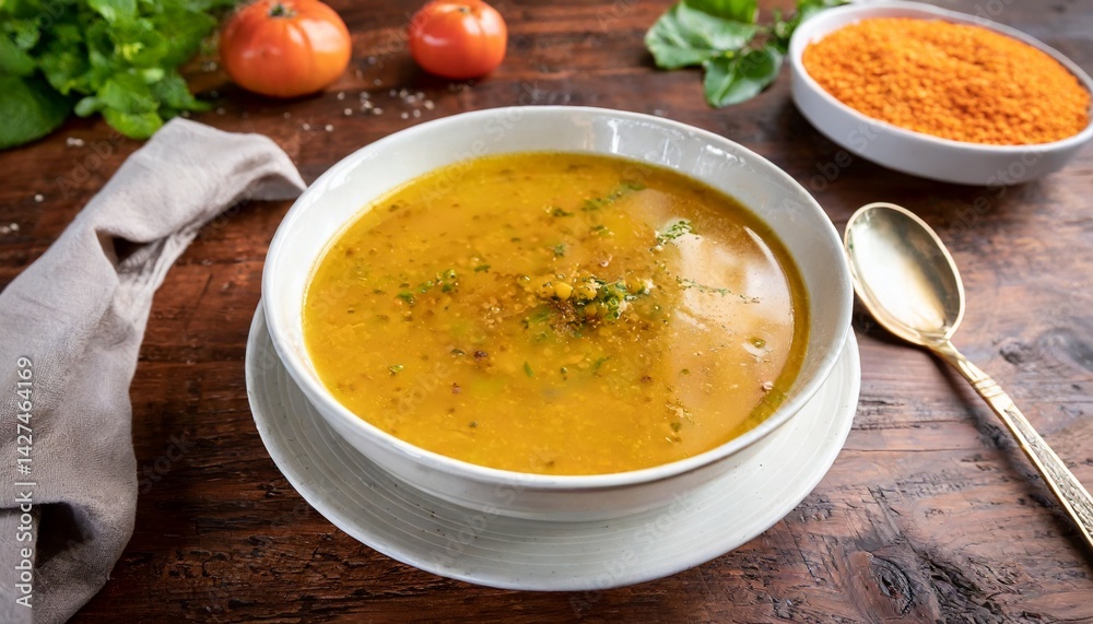 Turkish Mercimek Corbasi - Red lentil soup at a wooden table background Turkish Mercimek Corbasi - Red lentil soup at a wooden table background