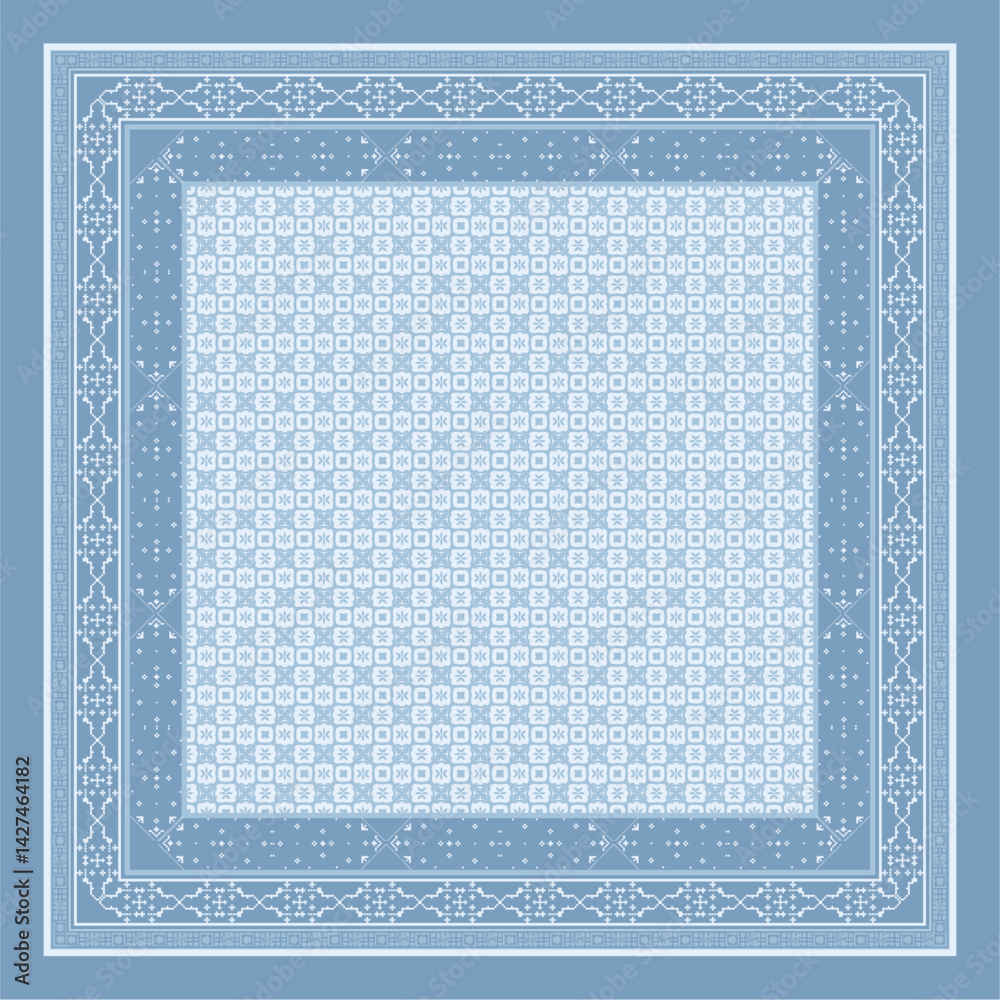 Obraz premium This minimalist ethnic hijab scarf design features a geometric border with traditional patterns in an elegant maroon and gold color scheme. Perfect for fashion-conscious women, the square layout makes