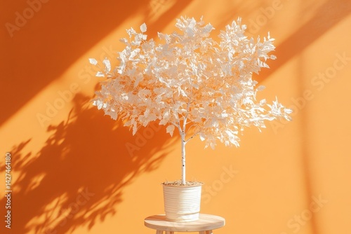 White decorative tree in a cream pot against an orange wall. photo