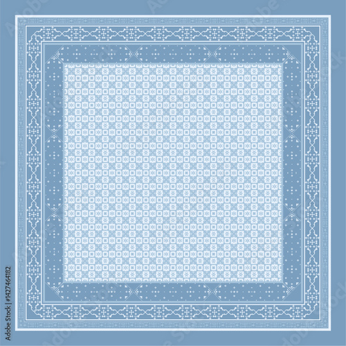 This minimalist ethnic hijab scarf design features a geometric border with traditional patterns in an elegant maroon and gold color scheme. Perfect for fashion-conscious women, the square layout makes