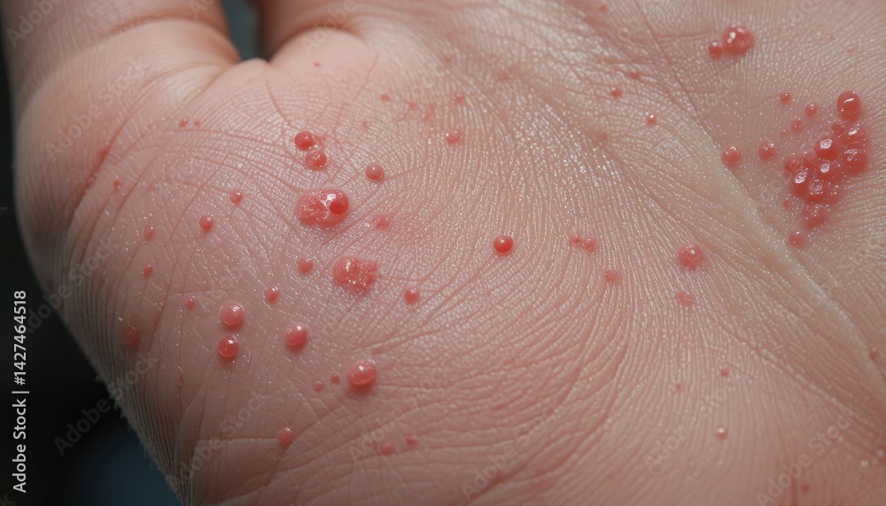 Fototapeta premium Close-up of skin rash with numerous small, red bumps.