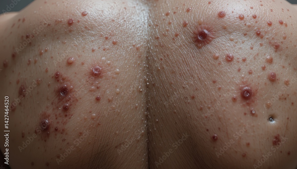 Fototapeta premium Multiple inflamed skin lesions on the upper back.