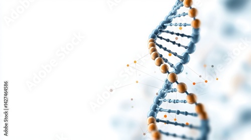 Abstract 3D rendering of a DNA double helix molecule structure with connections showing genetic code research