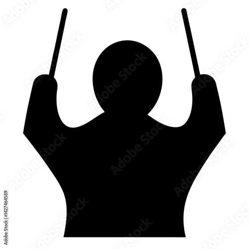 Silhouette of a conductor wielding batons, leading an orchestra or ensemble