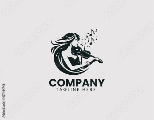 Passionate Woman Playing Violin Illustration Vector Logo Design, Enthusiastic Woman Violin Player Logo
