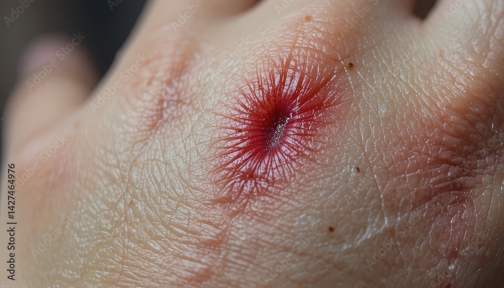 Fototapeta premium Close-up of a red, raw wound on a hand.