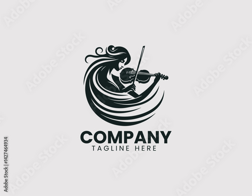 Passionate Woman Playing Violin Illustration Vector Logo Design, Enthusiastic Woman Violin Player Logo