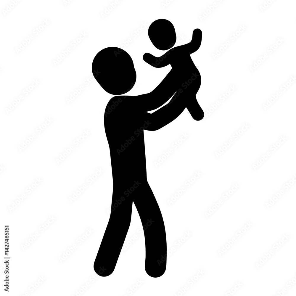 Stick figure depiction of a parent joyfully holding their baby aloft Stick figure depiction of a parent joyfully holding their baby aloft