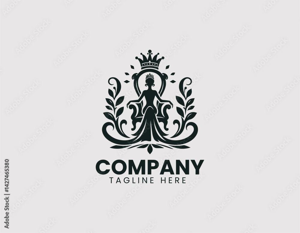Fototapeta premium Elegant Queen Silhouette Crown Throne Vector Logo Design, Regal Queen Silhouette Crown Ornate Throne Logo