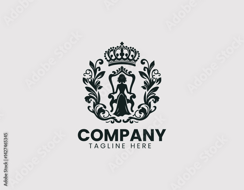 Elegant Queen Silhouette Crown Throne Vector Logo Design, Regal Queen Silhouette Crown Ornate Throne Logo