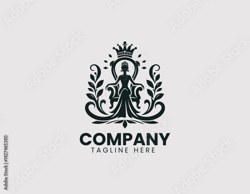Elegant Queen Silhouette Crown Throne Vector Logo Design, Regal Queen Silhouette Crown Ornate Throne Logo