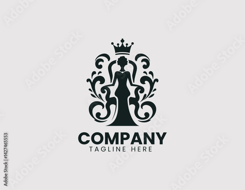 Elegant Queen Silhouette Crown Throne Vector Logo Design, Regal Queen Silhouette Crown Ornate Throne Logo
