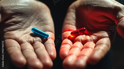 A close-up of two hands holding a blue and a red capsule, symbolizing choices and consequences