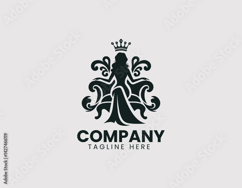 Elegant Queen Silhouette Crown Throne Vector Logo Design, Regal Queen Silhouette Crown Ornate Throne Logo