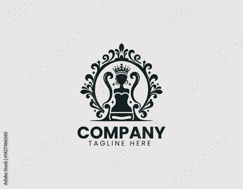 Elegant Queen Silhouette Crown Throne Vector Logo Design, Regal Queen Silhouette Crown Ornate Throne Logo