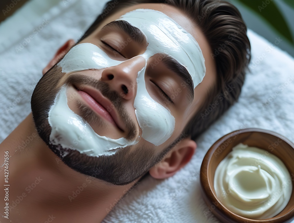 Fototapeta premium Tranquil spa session with soothing skincare, self-care moment as a man enjoys a rejuvenating facial treatment in a serene environment