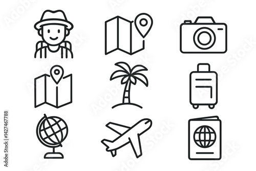 Minimalist travel icons depicting tourism activities and equipment  