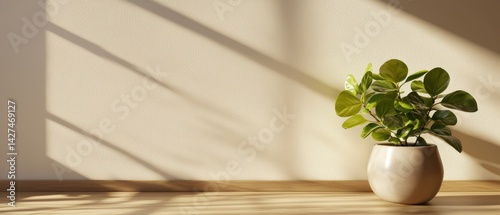 Bright sunlight casts shadows on a wall, illuminating a potted plant in a serene indoor setting.