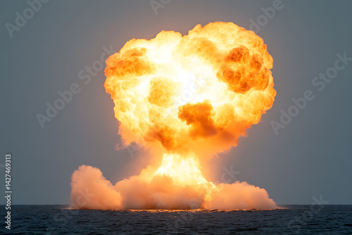A massive explosion erupts over the ocean, casting a warm glow against the dark sky. The force of the blast sends plumes of smoke and debris high into the air.