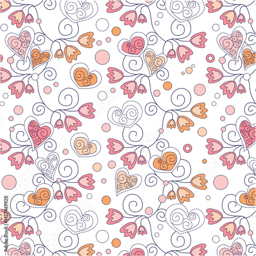 Curly flowers and hearts in dashed lines pattern