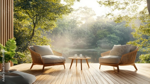 Cozy seating area by a serene lake, surrounded by lush greenery and natural light.