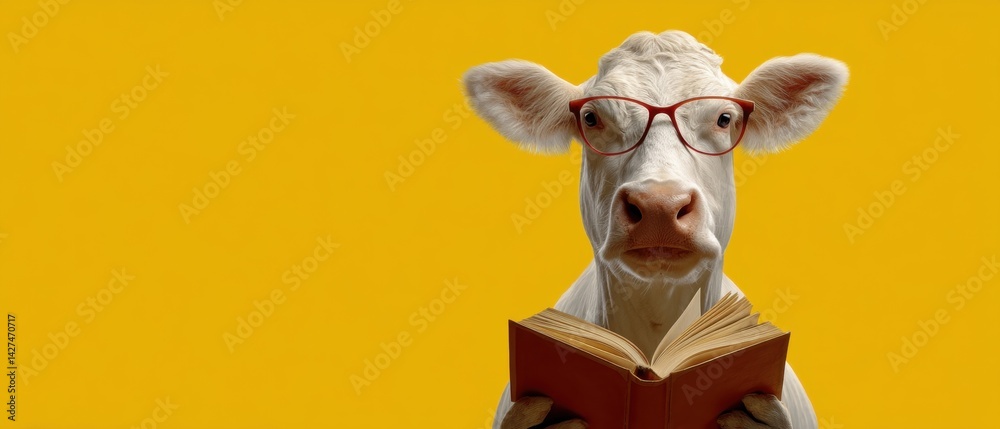 A cow wearing glasses reads a book against a bright yellow background, creating a whimsical and humorous scene.