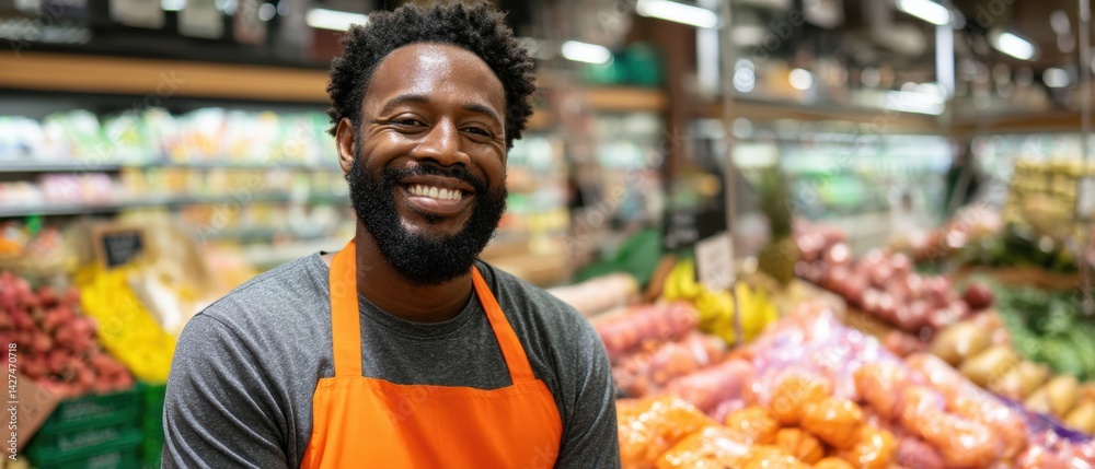 Smiling man in an orange apron stands in a grocery store with colorful produce behind him.
