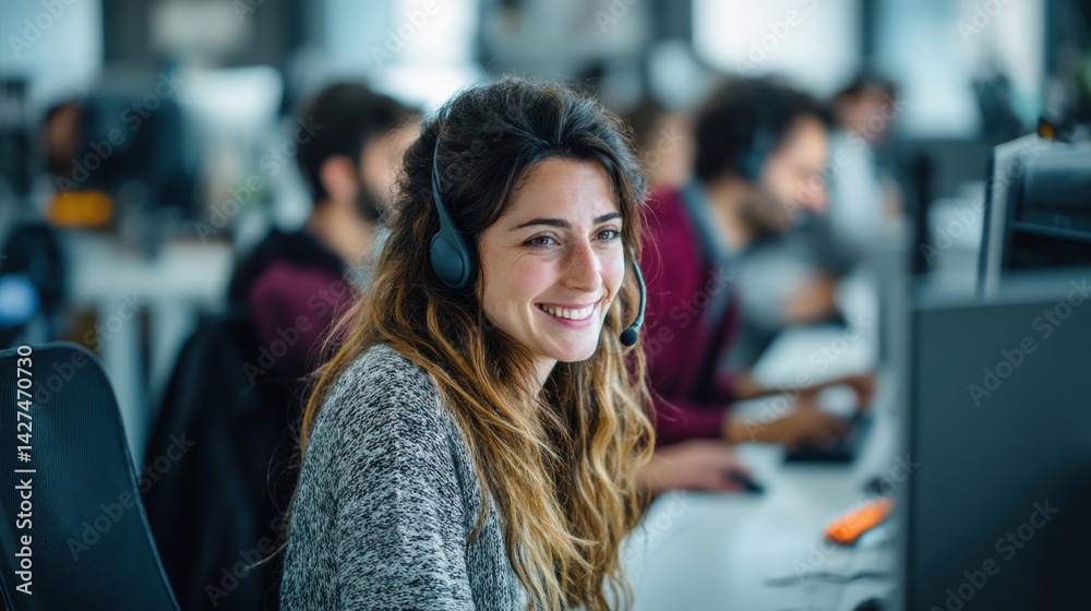 A woman smiling while working at a desk with a headset in a busy office environment.