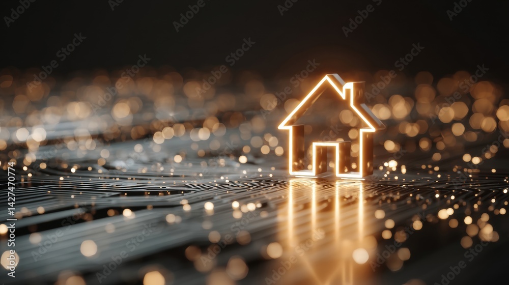 A glowing house icon amidst a blurred background of shimmering lights.
