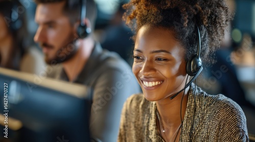 Smiling woman in a headset working at a computer in a call center environment.
