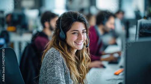 Obraz na płótnie A woman smiling while working at a desk with a headset in a busy office environment. w salonie