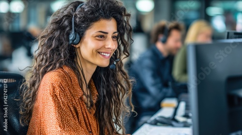Obraz na płótnie Smiling woman with curly hair in a headset working at a computer in a busy office environment. w salonie