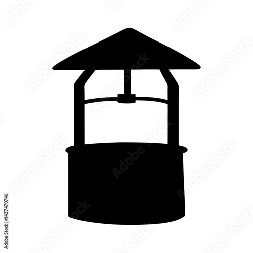 Silhouette of a traditional water well with a roof over its opening