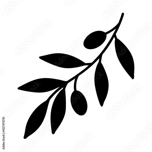 Simple black silhouette illustration of an olive branch with leaves and fruit