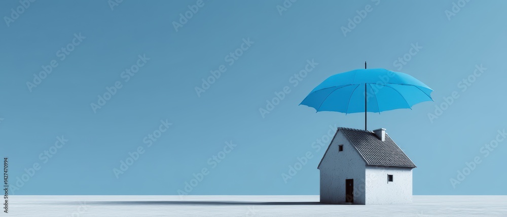 A surreal image of a small house with a blue umbrella against a clear sky, symbolizing protection and safety.