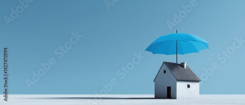 Obraz na płótnie A surreal image of a small house with a blue umbrella against a clear sky, symbolizing protection and safety. w salonie