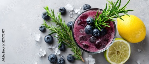 A refreshing beverage with blueberries, lemon, and rosemary on a textured surface.