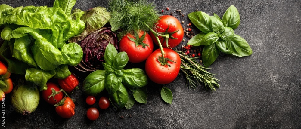 Fresh tomatoes and basil arranged on a textured surface, showcasing vibrant colors and natural ingredients.