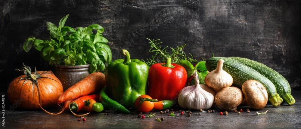 Fresh vegetables and herbs arranged artistically on a textured background.