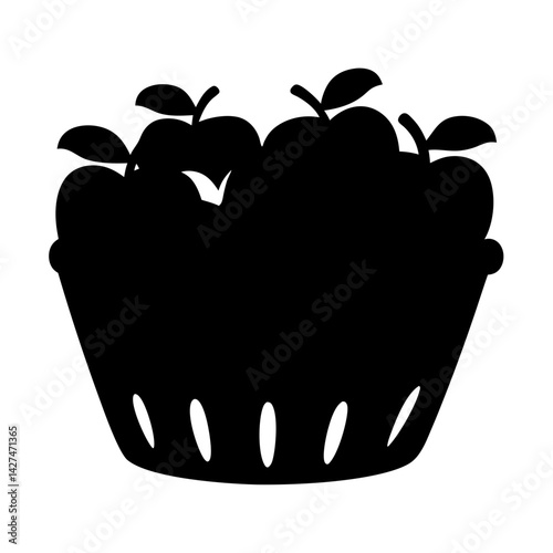 Black silhouette image of a basket overflowing with apples on white background
