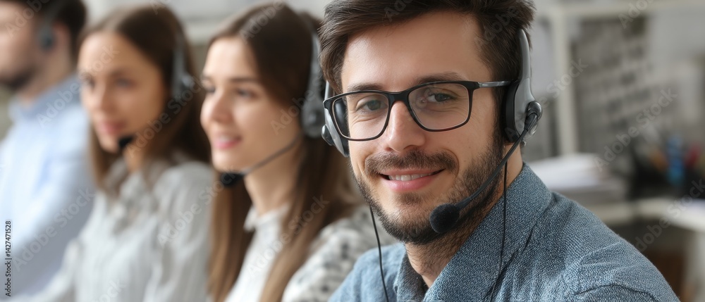 A focused customer service team engaged in communication with headsets and friendly expressions.
