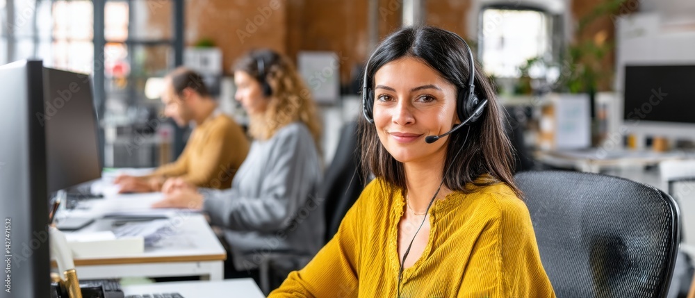 A woman with a headset smiles while working at a modern office desk with colleagues in the background.