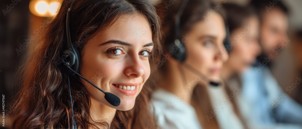 A customer service representative smiles while wearing a headset in a busy call center environment.