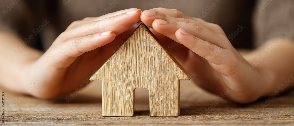 A person’s hands protectively cover a small wooden house model on a table, symbolizing safety and security in home ownership.